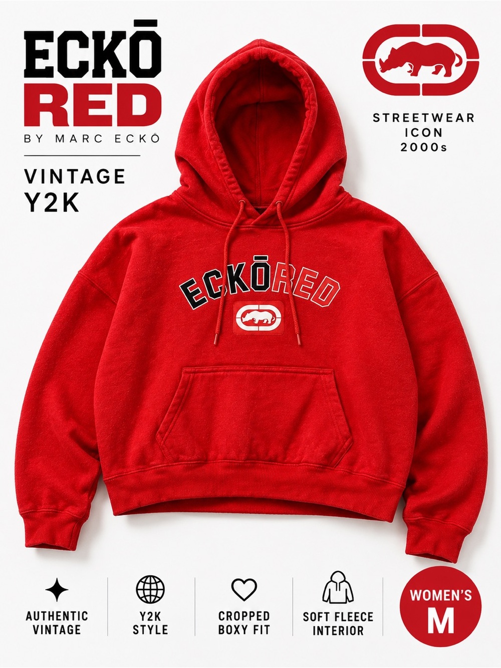 Vintage Y2K Ecko Red Marc Ecko Cropped Hoodie Red Spellout Women M